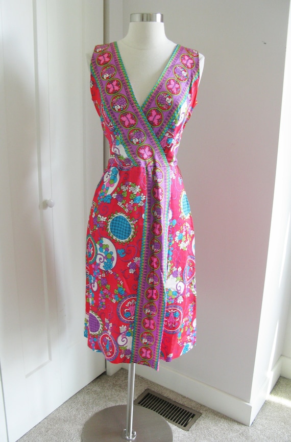60's  Mod Floral Wrap Dress//Colorful Acetate  Wra