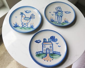 Set of 3 MA HADLEY Country Scene Blue Bread and Butter Plates Barn- Chicken -Farmer