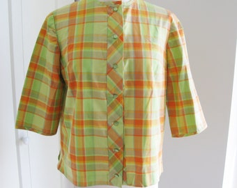 50's/ 60's Plaid Blouse  // Green and Orange  3/4 Sleeve Crew Neck Top Button Front // Size Medium