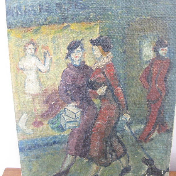 Vintage Old Oil Painting 1930's Ladies Shopping with Dog  Original Oil Painting on Wood 7" x 9.5"