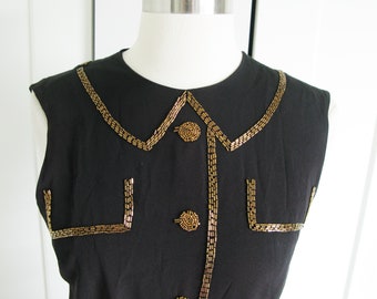 1950&#39;s Tromp L&#39;oeil  Dress //  Brown Sleeveless with  Copper Beaded Illusion Details // Waist 24&quot;