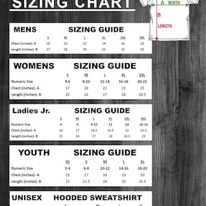 May include: Sizing chart for clothing in various sizes. The chart includes measurements for chest and length in inches for men's, women's, ladies junior, youth, and unisex hooded sweatshirt sizes.