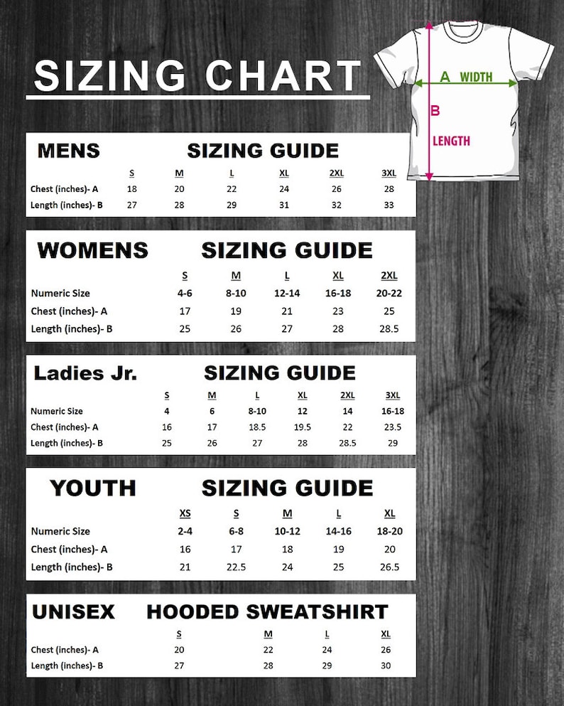 May include: Sizing chart for clothing in various sizes. The chart includes measurements for chest and length in inches for men's, women's, ladies junior, youth, and unisex hooded sweatshirt sizes.