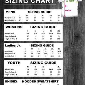 May include: Sizing chart for clothing in various sizes. The chart includes measurements for chest and length in inches for men's, women's, ladies junior, youth, and unisex hooded sweatshirt sizes.