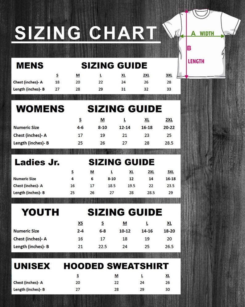May include: Sizing chart for clothing in various sizes. The chart includes measurements for chest and length in inches for men's, women's, ladies junior, youth, and unisex hooded sweatshirt sizes.