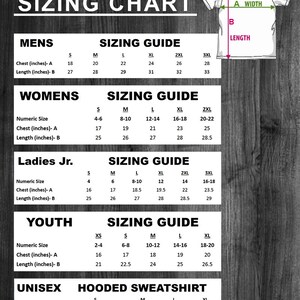 May include: Sizing chart for clothing in various sizes. The chart includes measurements for chest and length in inches for men's, women's, ladies junior, youth, and unisex hooded sweatshirt sizes.