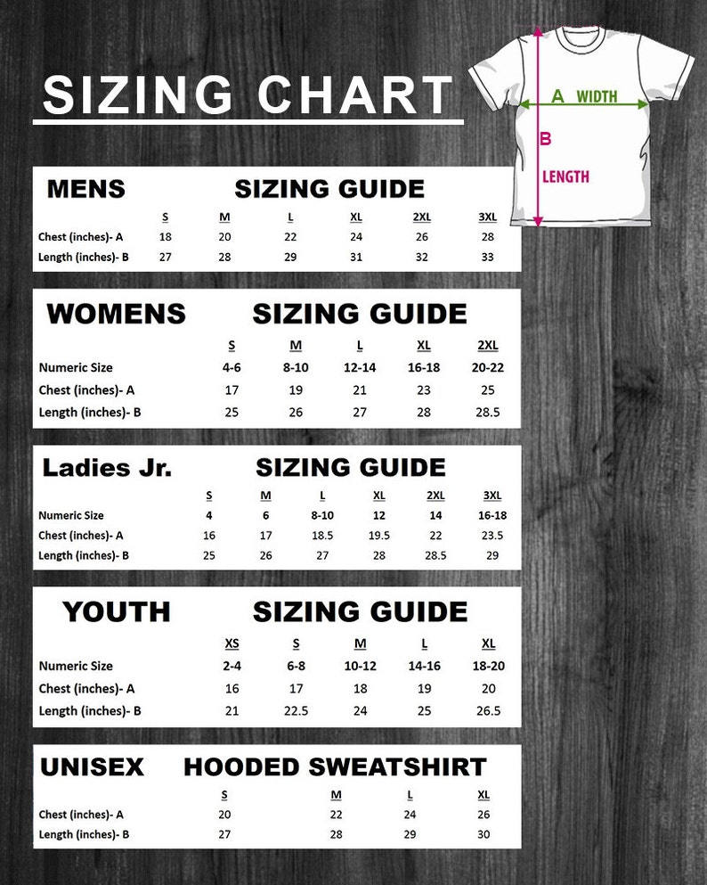 May include: Sizing chart for clothing with measurements in inches for different sizes of men's, women's, ladies junior, youth, and unisex hooded sweatshirts. The chart includes chest and length measurements.