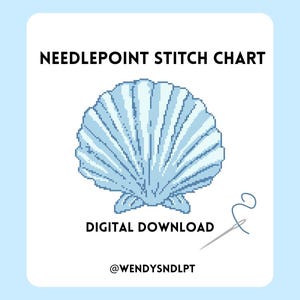 May include: A digital download graphic featuring a light blue seashell needlepoint stitch chart. The text "NEEDLEPOINT STITCH CHART" and "DIGITAL DOWNLOAD" are displayed. A needle and thread are also shown. The Etsy shop handle is @WENDYSNDLPT.