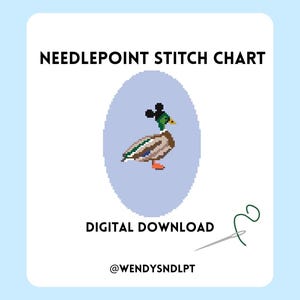 May include: A digital download needlepoint stitch chart featuring a pixelated duck illustration within a light blue oval. The text reads "NEEDLEPOINT STITCH CHART" and "DIGITAL DOWNLOAD". The image includes a needle and thread.