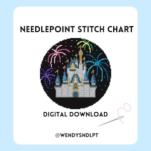 Può includere: Un grafico digitale per punto croce con un castello pixelato e fuochi d'artificio su sfondo stellato. Il testo recita "NEEDLEPOINT STITCH CHART" e "DIGITAL DOWNLOAD". L'immagine include anche l'handle social media del venditore.