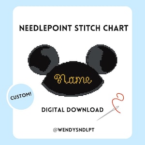 May include: Digital needlepoint stitch chart with a custom name design. The design features a black mouse ear silhouette with the word "Name" in gold script. Includes the text "Needlepoint Stitch Chart", "Custom!", and "Digital Download".