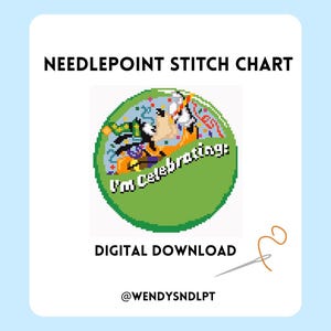 Puede incluir: Un gráfico digital de punto de aguja con un diseño circular verde que dice "I'm Celebrating". El diseño presenta personajes de dibujos animados y confeti. También se incluye el texto "Needlepoint Stitch Chart" y "Digital Download".
