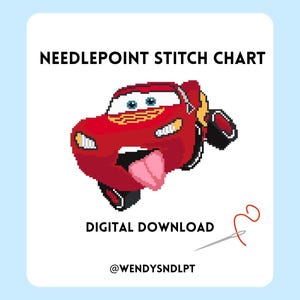 May include: A digital needlepoint stitch chart featuring a red cartoon car with a smiling face and a pink tongue. The text "NEEDLEPOINT STITCH CHART" and "DIGITAL DOWNLOAD" are displayed on a light blue background.