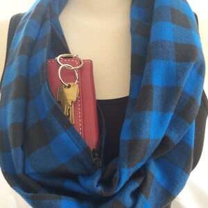 Buffalo plaid infinity scarf, zipper pocket, flannel, passport holder, travel scarf, gift for him, accessory, scarf with pocket, scarf woman