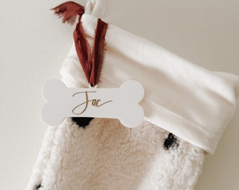 dog bone stocking tag - white acrylic christmas ornaments - ENGRAVED with gold fill - custom ornaments