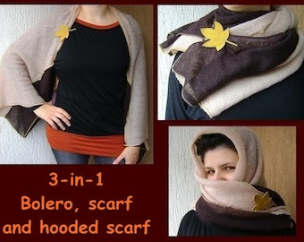 Autumn Magic beige and brown Bolero, Scarf and hooded scarf 3-in-1