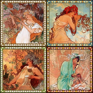 May include: A collage of four Art Nouveau paintings featuring women in flowing dresses and floral backgrounds. The paintings are framed in ornate gold frames with intricate designs.