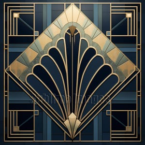 May include: Art Deco-style design with a geometric pattern in gold, teal, and navy blue. A central diamond shape features a fan design, framed by gold lines and geometric shapes. The background is a dark blue.