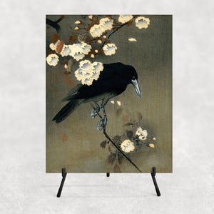 PL027 - Crow and Cherry Blossoms by Ohara Koson (1877- 1945) - Ceramic Tile or Photo Panel with Easel or Wall Plaque - 8" x 10".