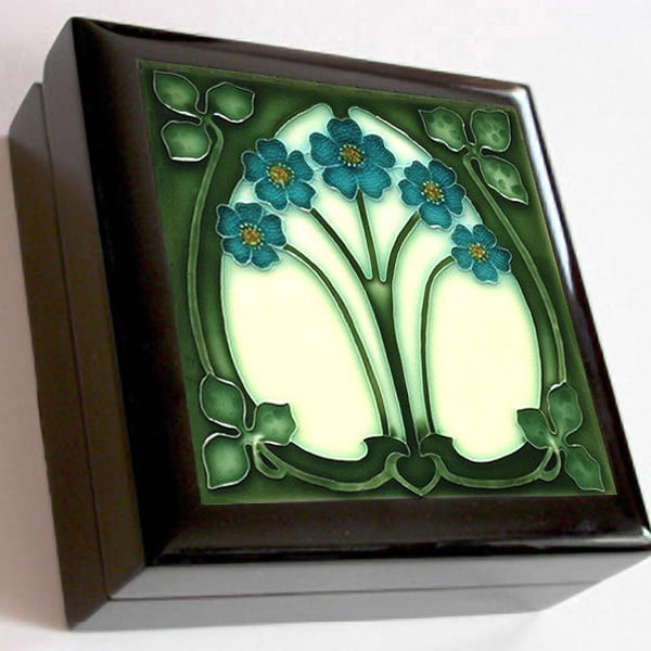 KB004 - Keepsake / Jewelry Box - Art Nouveau Ceramic Tile Lid - Black or Mahogany Box