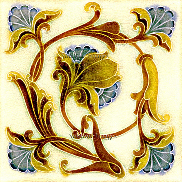 AN043 - Gloss Ceramic or Glass Tile - Vintage Art Nouveau Reproduction Tile - Floral Swirl - Various Sizes