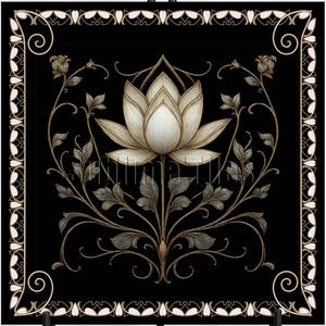 Pode incluir: Impress&atilde;o de arte quadrada preta com uma ilustra&ccedil;&atilde;o detalhada de uma flor de l&oacute;tus branca com detalhes dourados e cinzentos. O design floral &eacute; emoldurado por uma borda decorativa sobre um fundo preto. A impress&atilde;o &eacute; exibida em um cavalete preto.