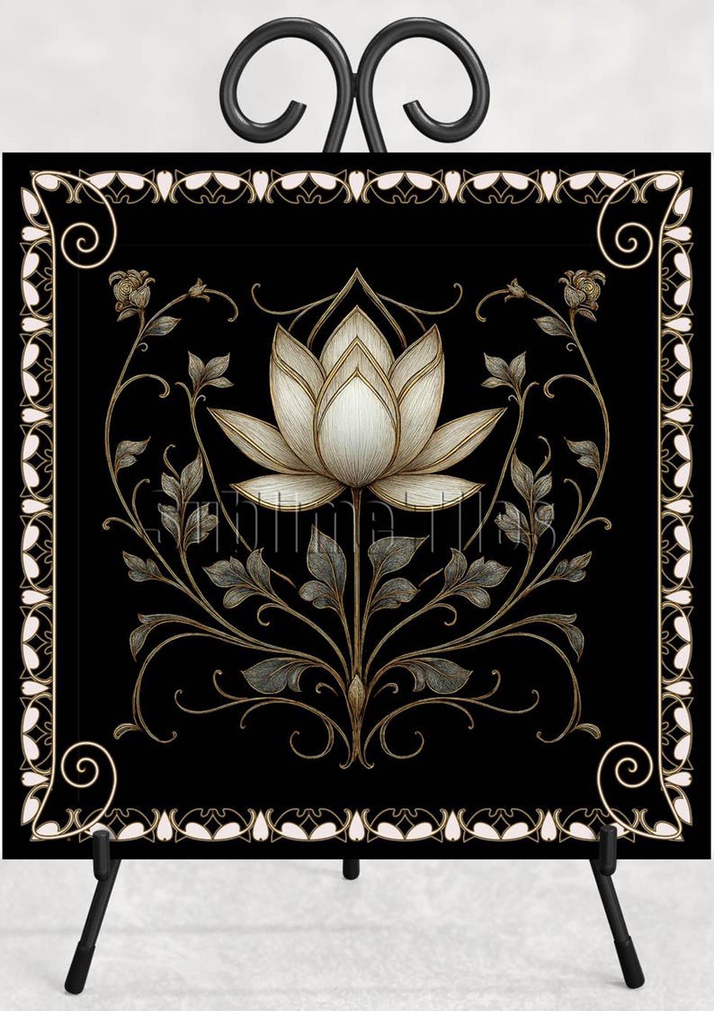 Pode incluir: Impress&atilde;o de arte quadrada preta com uma ilustra&ccedil;&atilde;o detalhada de uma flor de l&oacute;tus branca com detalhes dourados e cinzentos. O design floral &eacute; emoldurado por uma borda decorativa sobre um fundo preto. A impress&atilde;o &eacute; exibida em um cavalete preto.