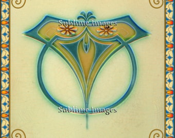 Art Nouveau Reproduction Tile: Blue and Cream Ceramic or Glass