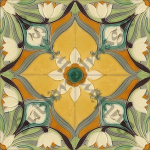 May include: Square tile with a floral design. The tile features a yellow center with a white flower and green accents. White flowers are in each corner, with green and brown leaves and stems.