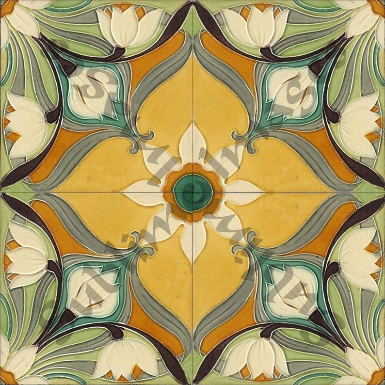 May include: Square tile with a floral design. The tile features a yellow center with a white flower and green accents. White flowers are in each corner, with green and brown leaves and stems.