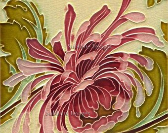 AN038 - Gloss Ceramic or Glass Tile - Vintage Art Nouveau Reproduction Tile (Chrysanthemum) - Various Sizes.