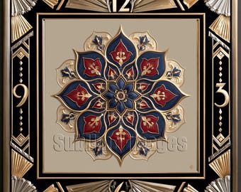 Art Deco Mandala Style Wall Clock - Hardboard or Aluminum Clock Face - Sizes 8", 10" and 12" - No Sales Tax for Canadians