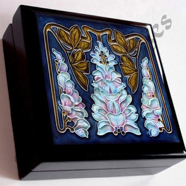 KB090 - Keepsake / Jewelry Box - Art Nouveau Ceramic Tile Lid - Black or Mahogany Box