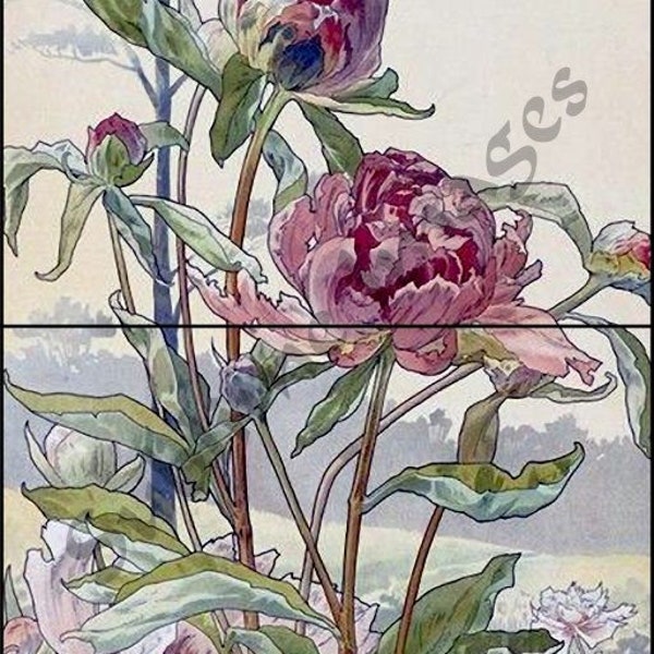 MU007 - A 2 Tile Mural of Vintage Peonies - Art Nouveau Reproduction Tiles.