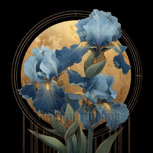 May include: Digital illustration of blue iris flowers with gold accents against a gold circle and black background. The flowers have detailed petals and green leaves. The artwork has an Art Deco style.