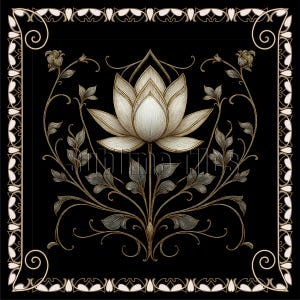 Pode incluir: Um design floral quadrado preto com uma flor de l&oacute;tus branca central com detalhes dourados. A flor &eacute; cercada por folhas e vinhas cinzentas. A borda &eacute; creme com um padr&atilde;o floral repetitivo.