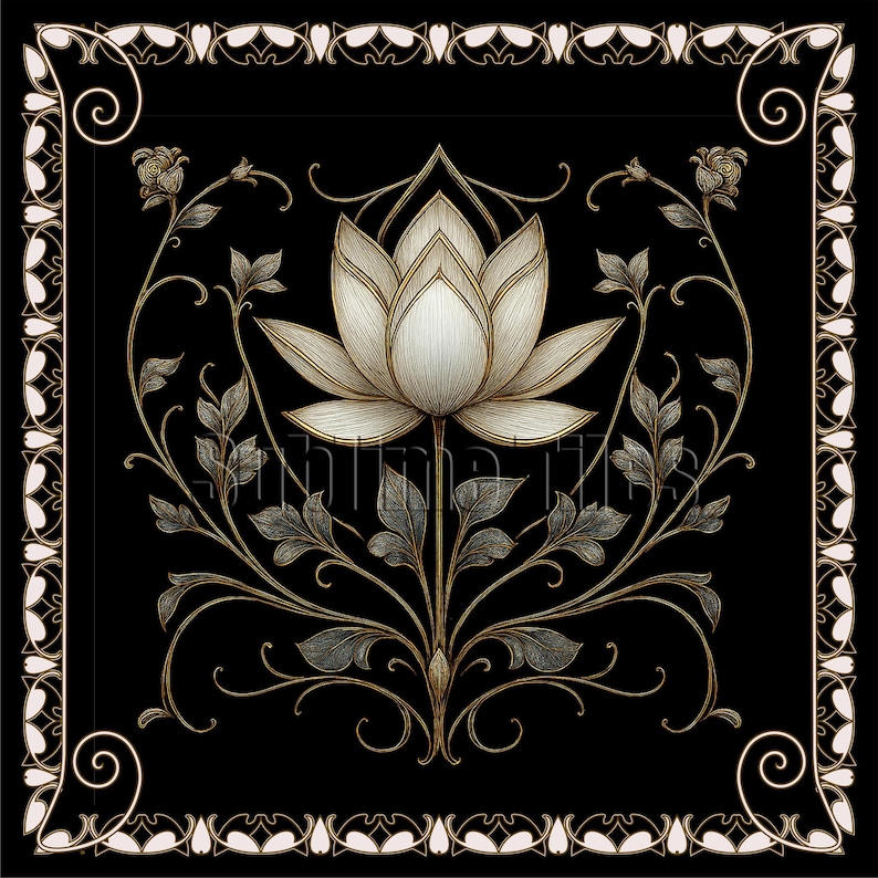 Pode incluir: Um design floral quadrado preto com uma flor de l&oacute;tus branca central com detalhes dourados. A flor &eacute; cercada por folhas e vinhas cinzentas. A borda &eacute; creme com um padr&atilde;o floral repetitivo.