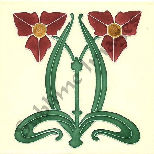 AN062 - Carrelage en céramique ou en verre brillant - Reproduction de carreau de style Art nouveau vintage - Fleurs jumelles - Différentes tailles