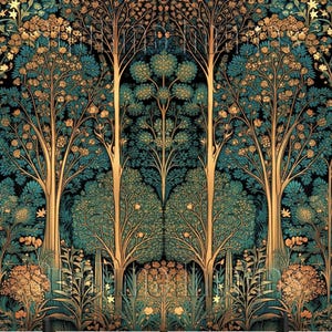 May include: A decorative panel featuring a stylized forest scene with gold and teal trees against a black background. The artwork is displayed on a black metal easel.