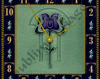 Art Nouveau Wall Clock: Arts & Crafts Style, Hardboard 8" x 8", Aluminum (10" or 12")