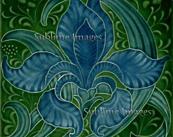 Art Nouveau Blue Iris Tile: Gloss Ceramic or Glass Reproduction