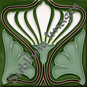 May include: Square ceramic tile with a stylized floral design. The tile features a dark green background with a central white and green floral motif, outlined in dark red and green. The design is symmetrical and Art Nouveau inspired.