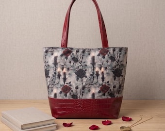 Gothic Rose Print Tote Bag - Red Vinyl, Magnetic Closure