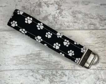 Black Paw Print Fabric Wristlet Keychain