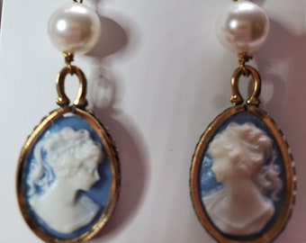 Vintage style Cameo Earrings Blue