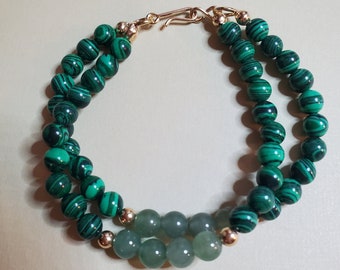 Malachite gem stone with Aventurine and Gold Bracelet