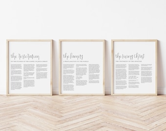 3 LDS-afdrukbare exemplaren | Levende Christus, proclamatie over het gezin, proclamatie over het herstel | Kerk van Jezus Christus | Kalligrafie | LDS-muurkunst