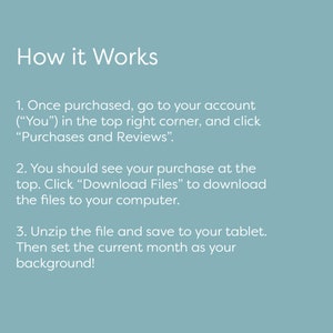 Op de afbeelding: Een lichtblauwe achtergrond met witte tekst die uitlegt hoe je een digitaal product kunt downloaden en gebruiken. De tekst zegt "Hoe het werkt" en bevat instructies over hoe je toegang krijgt tot het product na aankoop.