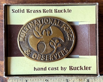 Vintage Buckler Multinational Force & Observers Solid Brass Belt Buckle in Original Box, Handmade in Israel, Military Memorabilia, MFO Colle