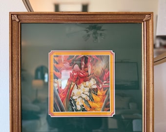 Signed Darryl Trott Print in Ornate Gold Frame, Tropical Flowers, Vintage Framed Wall Decor